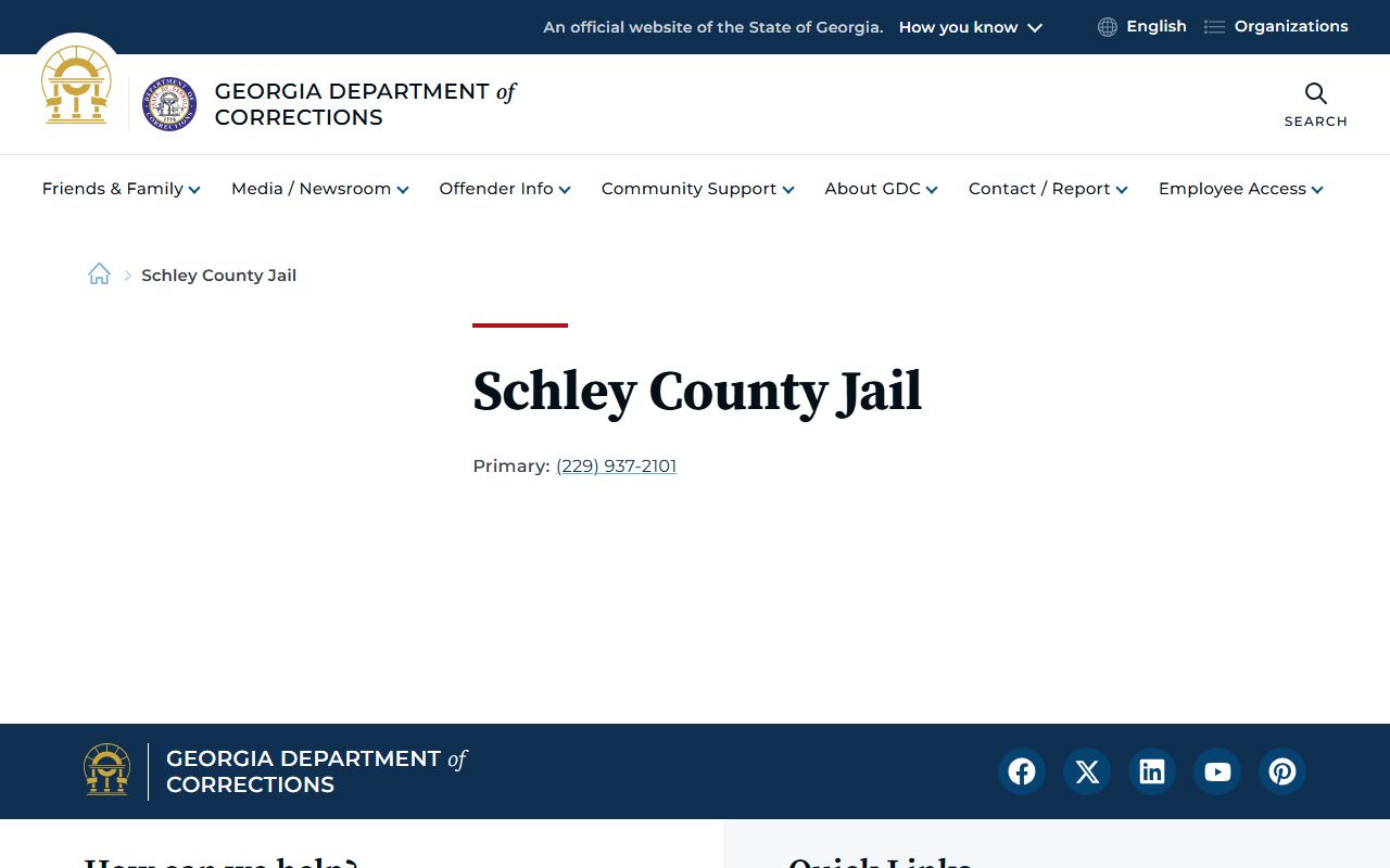 Schley County Jail GDC contact listing for inmate lookup